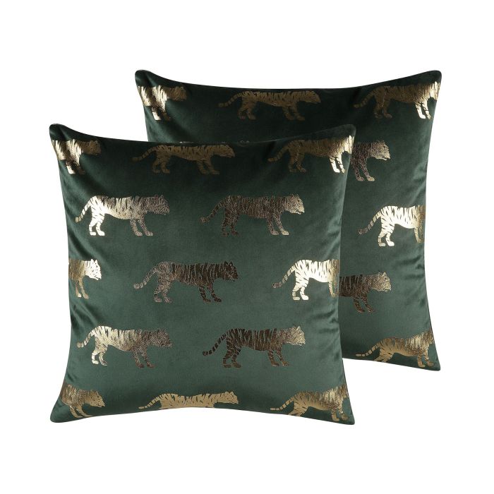 Set of 2 Velvet Cushions Tiger Motif 45x45cm Green