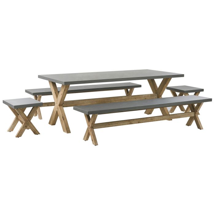 8 Seater Concrete Garden Dining Set Benches and Stools Grey OLBIA