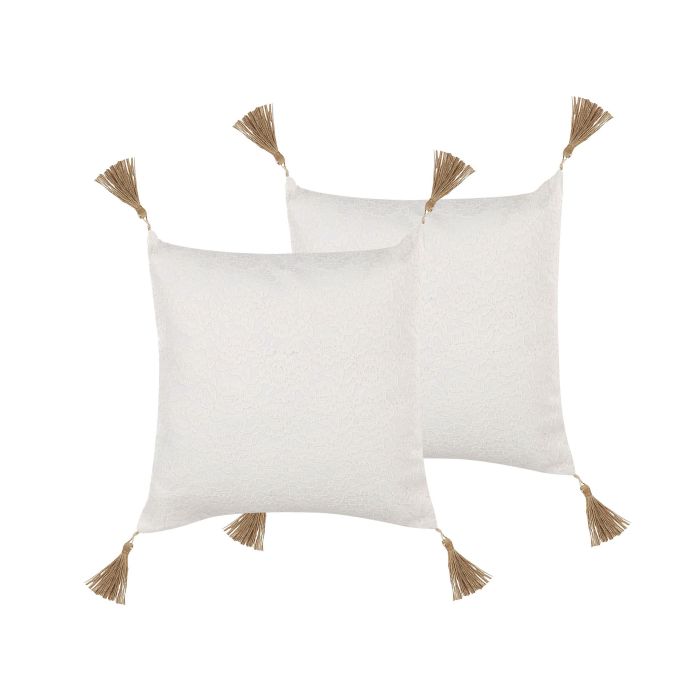 Set of 2 Embossed Cushions with Tassels 45x45cm White