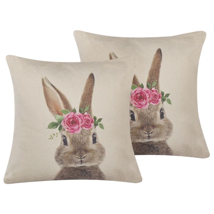 Set of 2 Cushions Rabbit Print 45x45cm Taupe