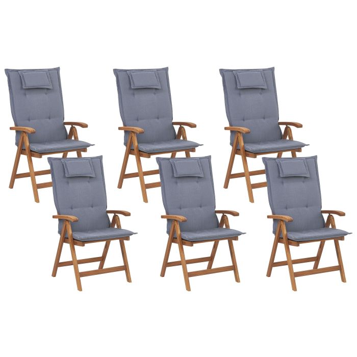 Set of 6 Acacia Wood Garden Folding Chairs with Blue Cushions JAVA