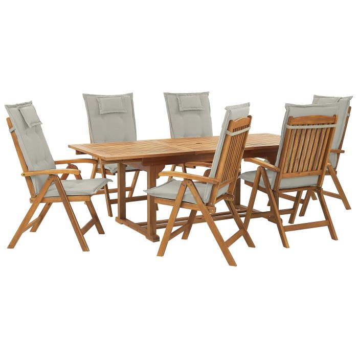 6 Seater Acacia Wood Garden Dining Set with Taupe Cushions JAVA
