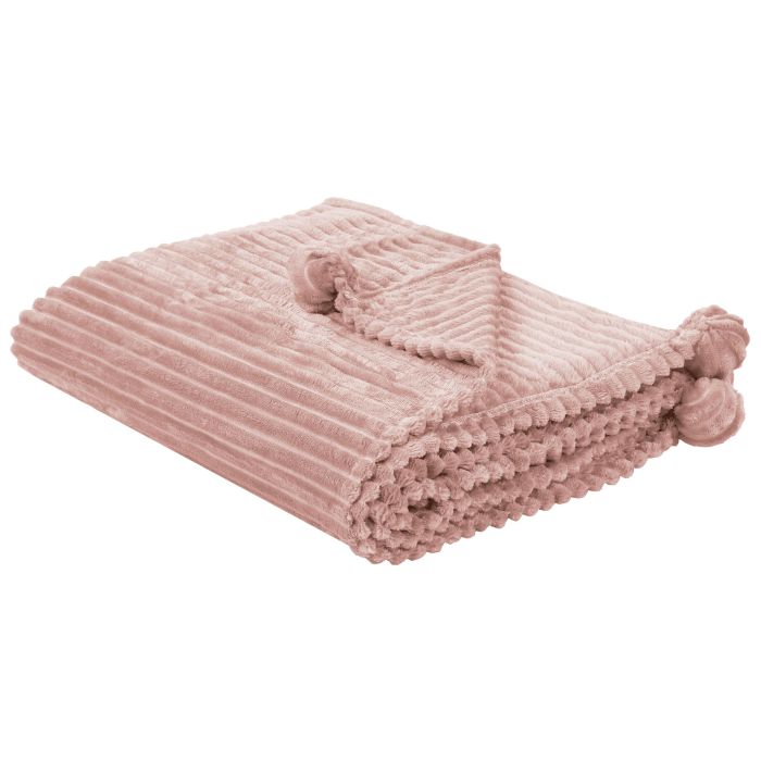 Blanket Pink Polyester 150 x 200 cm Ribbed Structure with Pom-Poms Throw Bedding