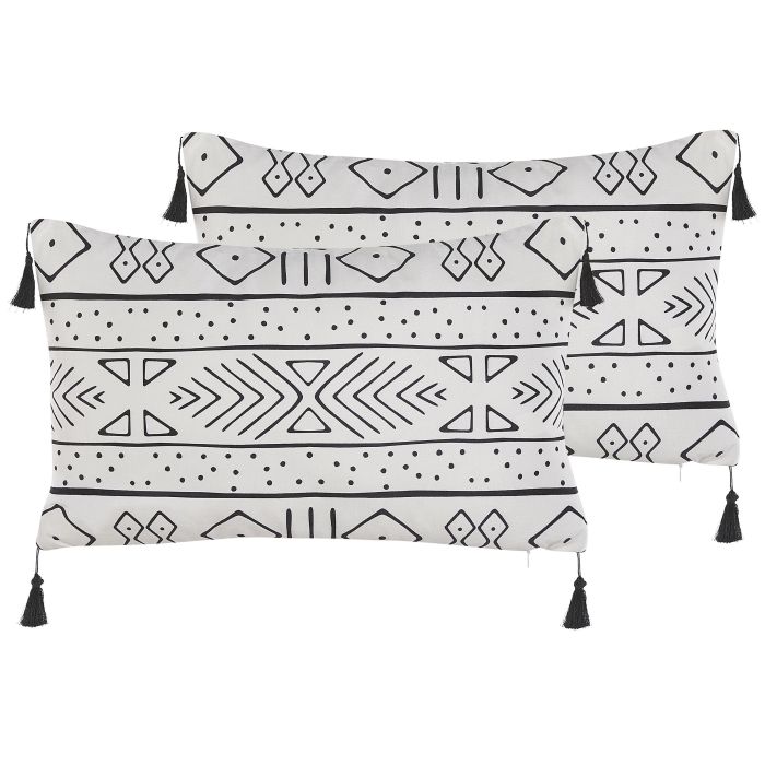 Set of 2 Velvet Cushions Geometric Pattern 30x50cm White and Black
