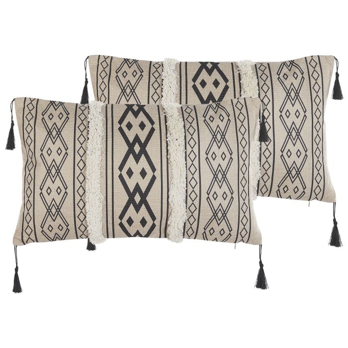 Set of 2 Cushions Geometric Pattern 30x50cm Beige and Black