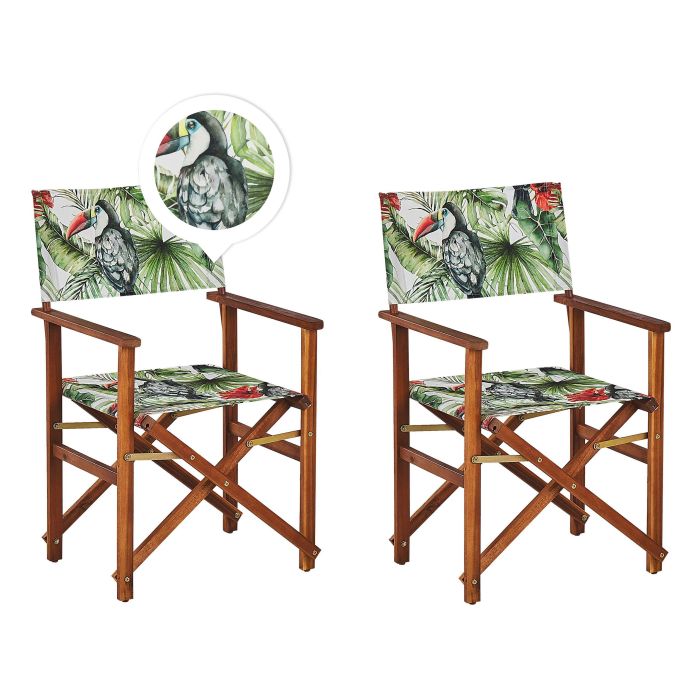 Set of 2 Acacia Folding Chairs and 2 Replacement Fabrics Dark Wood with Grey / Toucan Pattern CINE