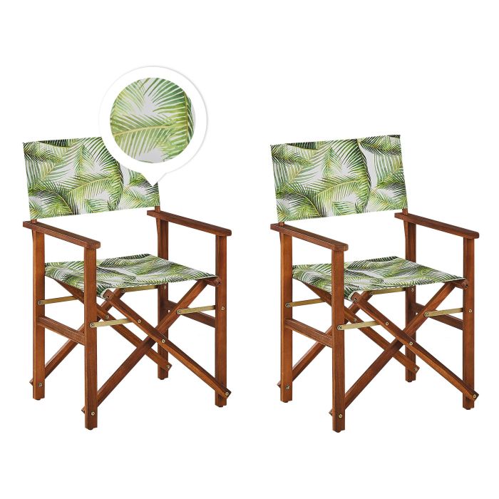 Set of 2 Acacia Folding Chairs and 2 Replacement Fabrics Dark Wood with Grey / Tropical Leaves Pattern CINE