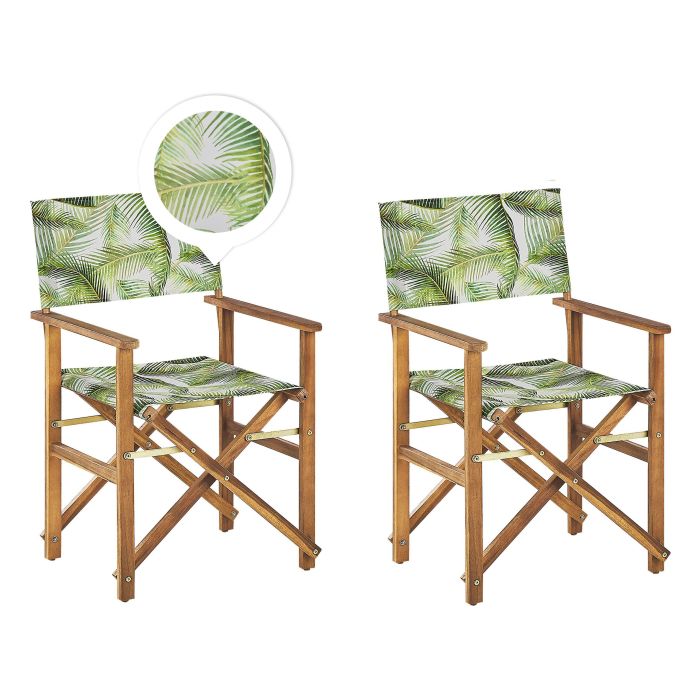 Set of 2 Acacia Folding Chairs and 2 Replacement Fabrics Light Wood with Off-White / Tropical Leaves Pattern CINE