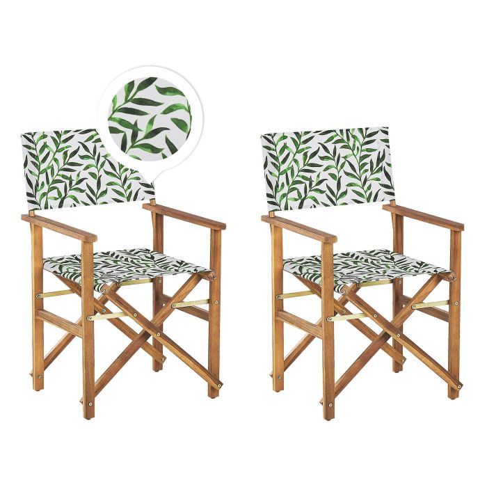 Set of 2 Acacia Folding Chairs and 2 Replacement Fabrics Light Wood with Off-White / Leaf Pattern CINE