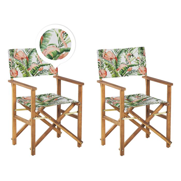 Set of 2 Acacia Folding Chairs and 2 Replacement Fabrics Light Wood with Grey / Flamingo Pattern CINE