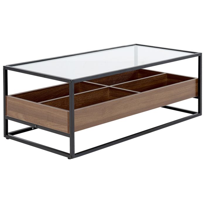 Glass Top Coffee Table with Shelf Dark Wood with Black WACO