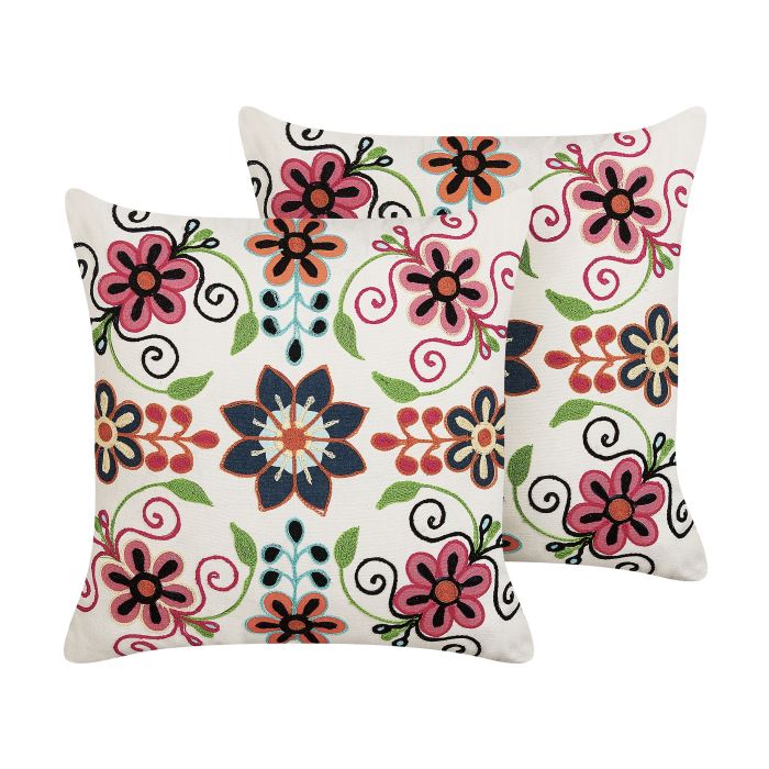 Set of 2 Embroidered Cotton Cushions Flower Pattern 50x50cm Multicolour