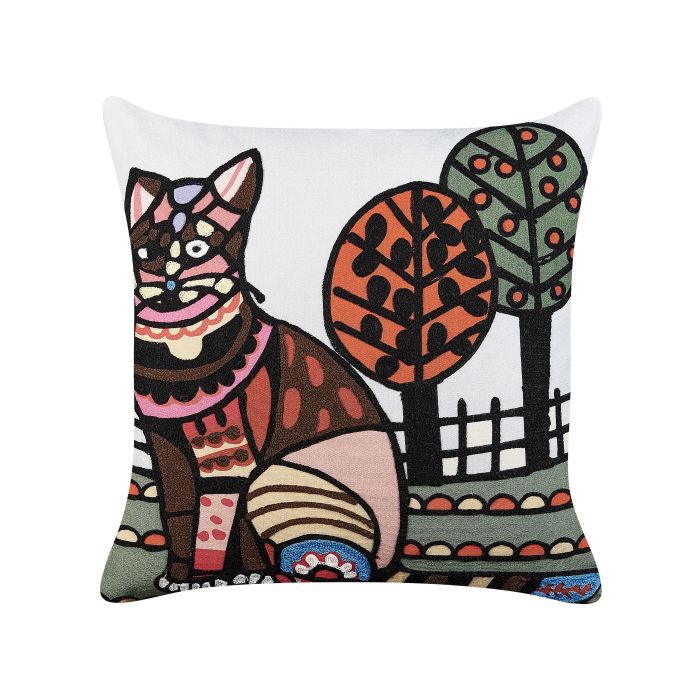 Embroidered Cotton Cushion Cat Motif 50x50cm Multicolour
