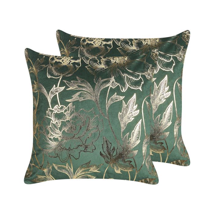 Set of 2 Velvet Cushions Floral Print 45x45cm Green