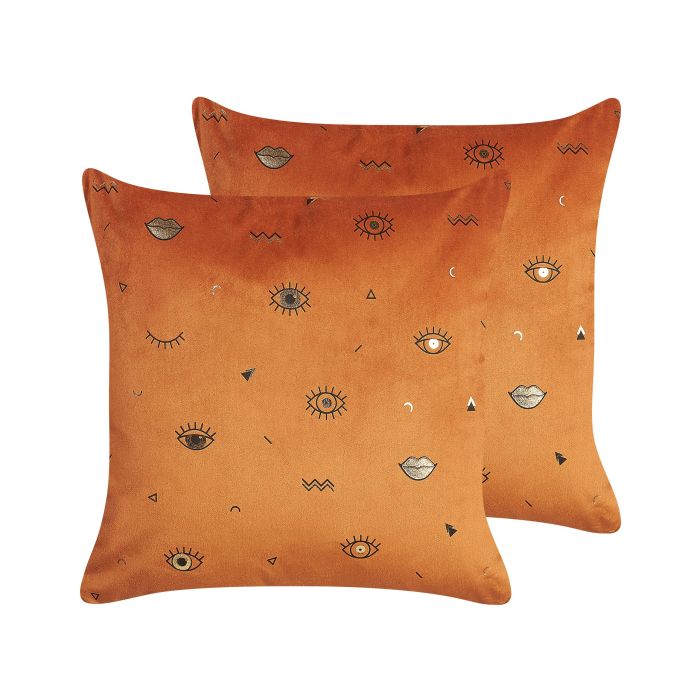 Set of 2 Velvet Cushions Eye Motif 45x45cm Orange