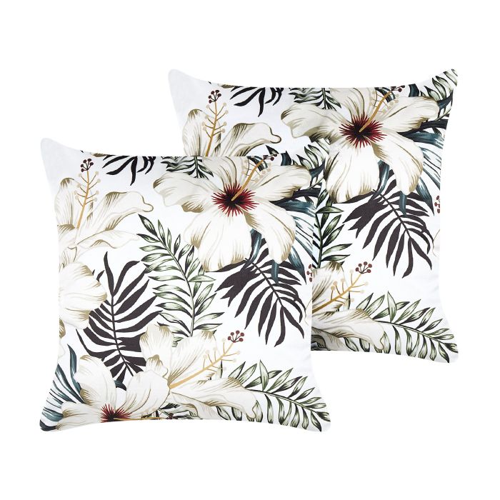 Set of 2 Velvet Cushions Leaf Pattern 45x45cm White and Green