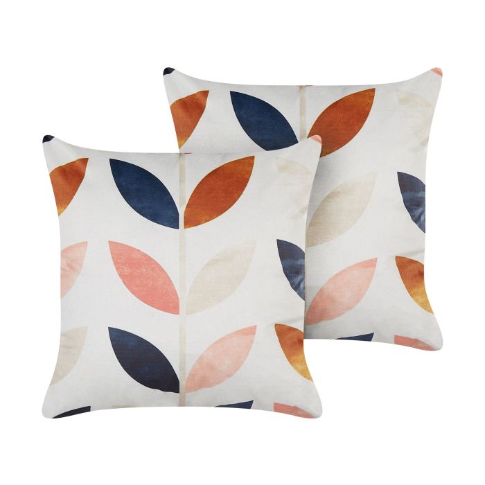 Set of 2 Velvet Cushions Leaf Pattern 45x45cm Off - White