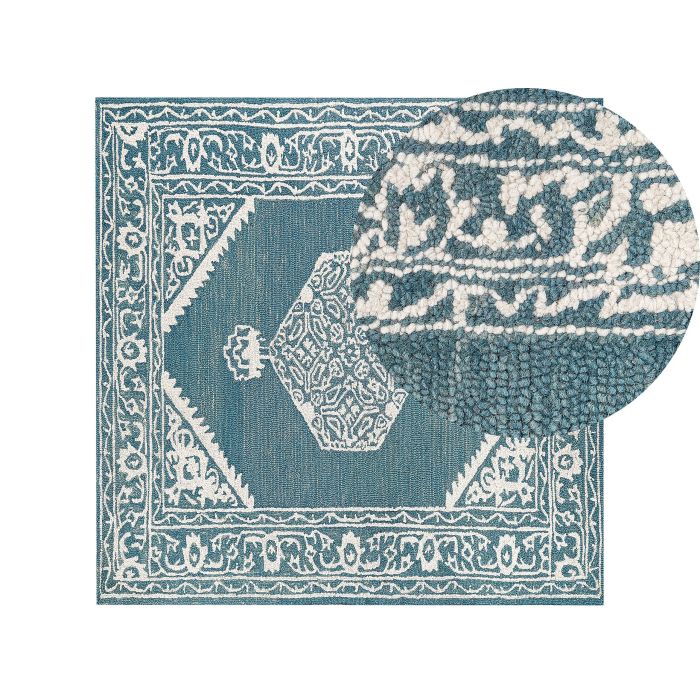 Wool Area Rug 200x200cm White and Blue