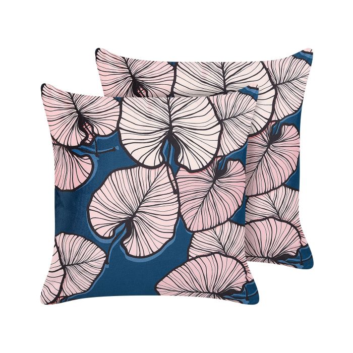 Set of 2 Velvet Cushions Leaf Pattern 45x45cm Blue and Pink