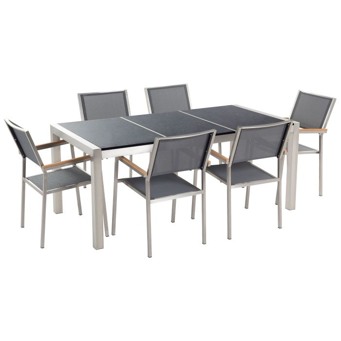 6 Seater Garden Dining Set Black Granite Triple Plate Top with Grey Chairs GROSSETO
