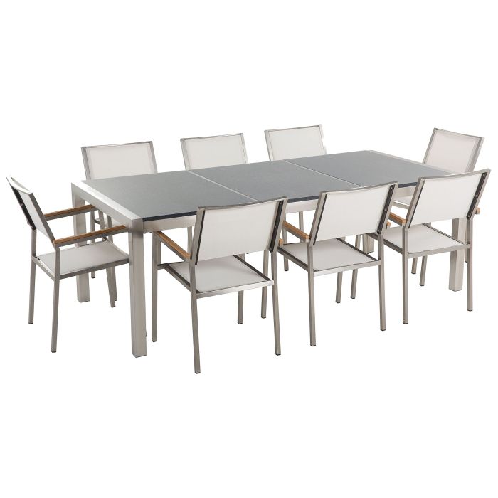 8 Seater Garden Dining Set Grey Granite Top and White Chairs GROSSETO