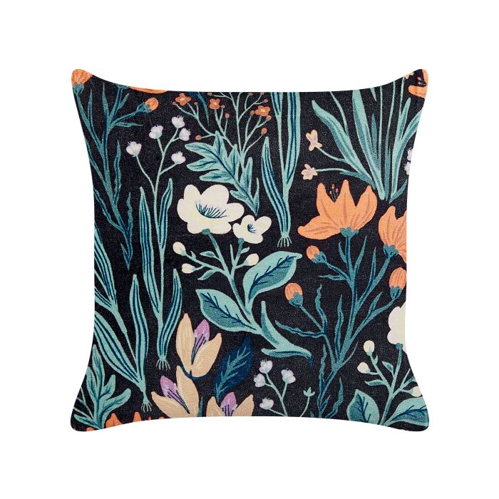 Velvet Cushion with Flower Pattern 45x45cm Black and Green