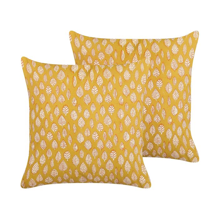 Set of 2 Cotton Cushions Leaf Pattern 45x45cm Yellow