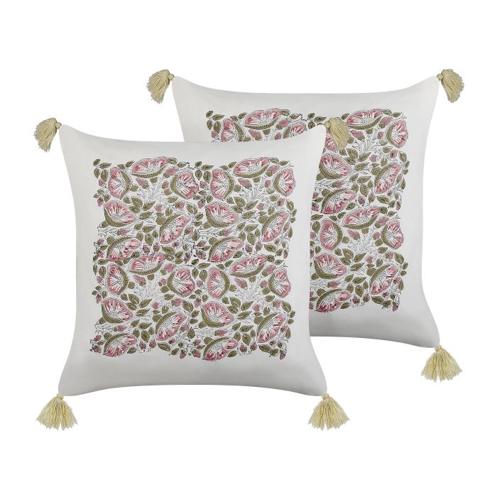 Set of 2 Cotton Cushions Floral Pattern with Tassels 45x45cm Multicolour
