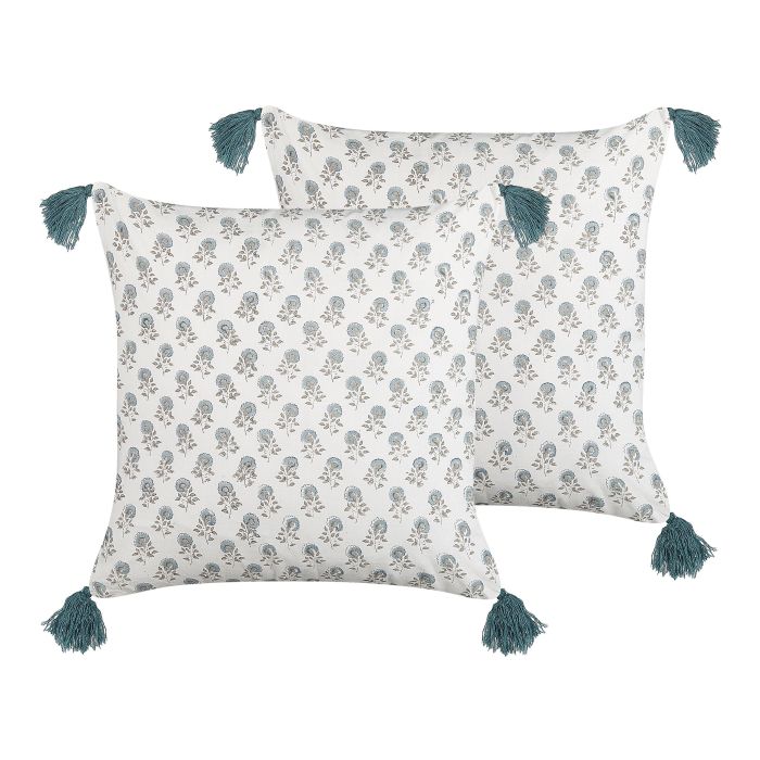 Set of 2 Cotton Cushions Floral Pattern with Tassels 45x45cm White and Blue