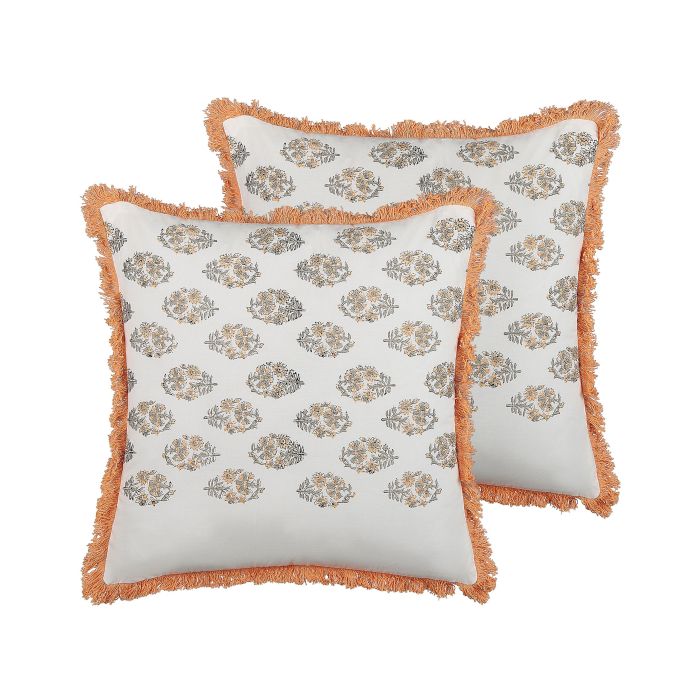 Set of 2 Fringed Cotton Cushions Floral Pattern 45x45cm White and Orange