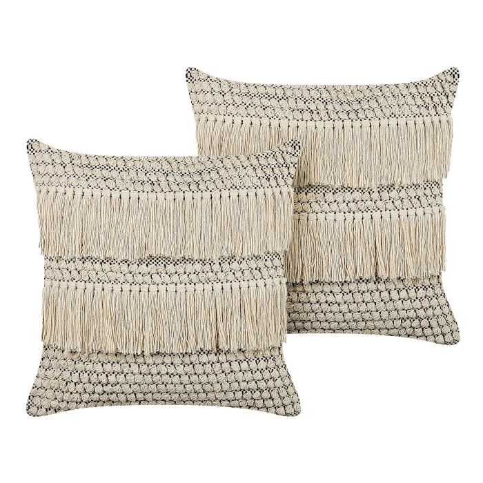 Set of 2 Cotton Cushions with Tassels 45x45cm Beige