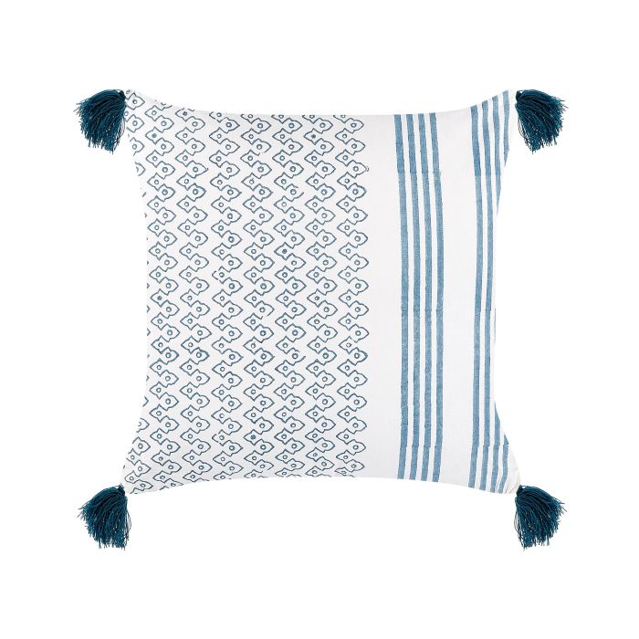Cotton Cushion Geometric Pattern with Tassels 45x45cm White and Blue