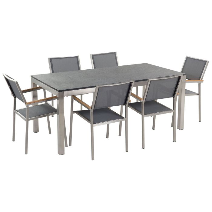 6 Seater Garden Dining Set Flamed Granite Top with Grey Chairs GROSSETO