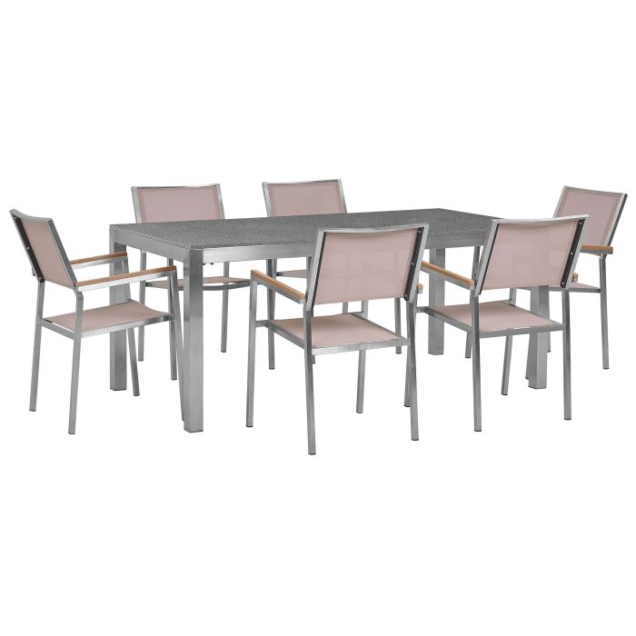 6 Seater Garden Dining Set Grey Granite Top with Beige Chairs GROSSETO