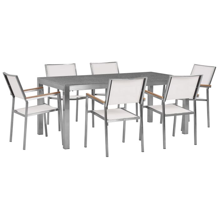 6 Seater Garden Dining Set Grey Granite Top with White Chairs GROSSETO