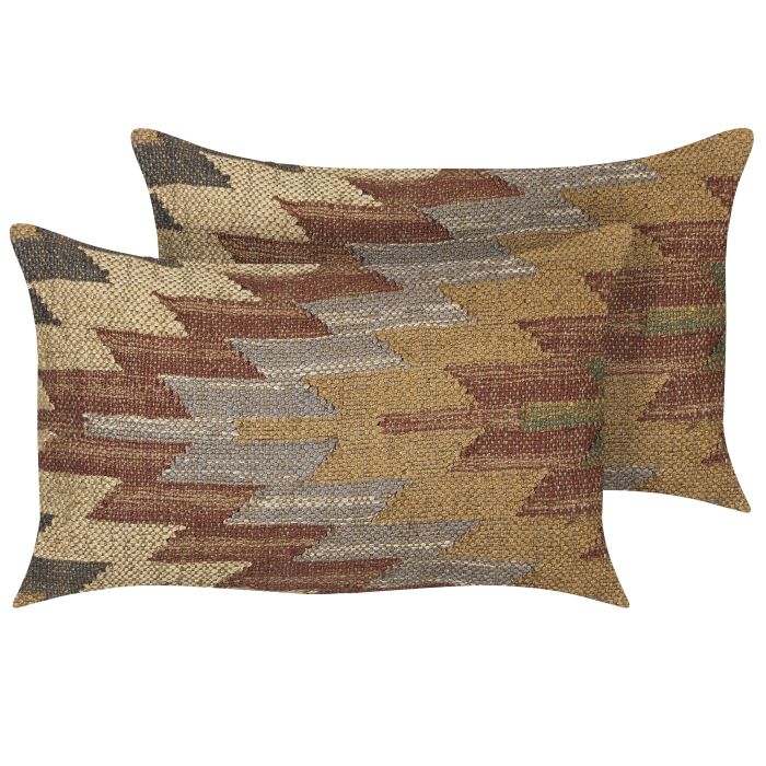 Set of 2 Jute Cushions Geometric Pattern 30x50cm Multicolour