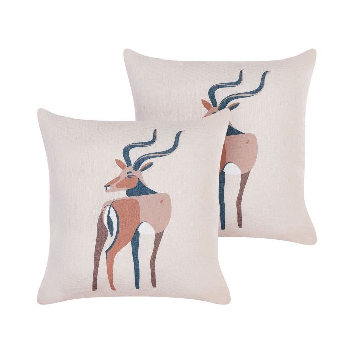 Set of 2 Decorative Pillows Antelope Motif 45x45cm Beige
