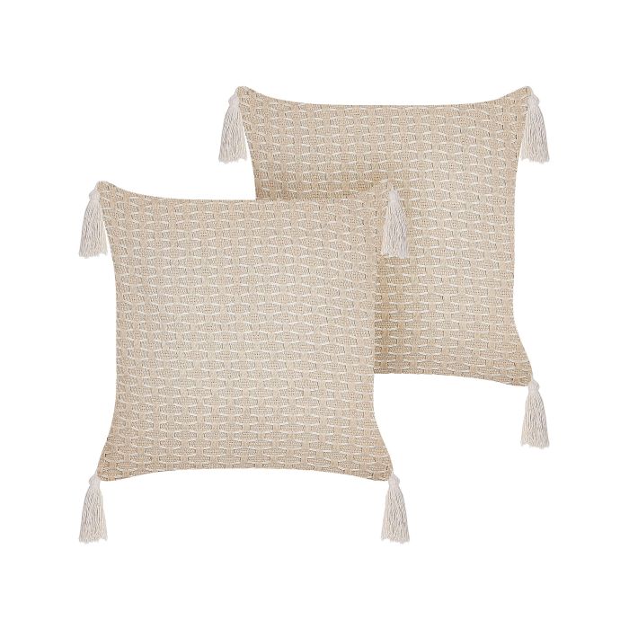 Set of 2 Cushions Geometric Pattern with Tassels 42x42cm Light Beige