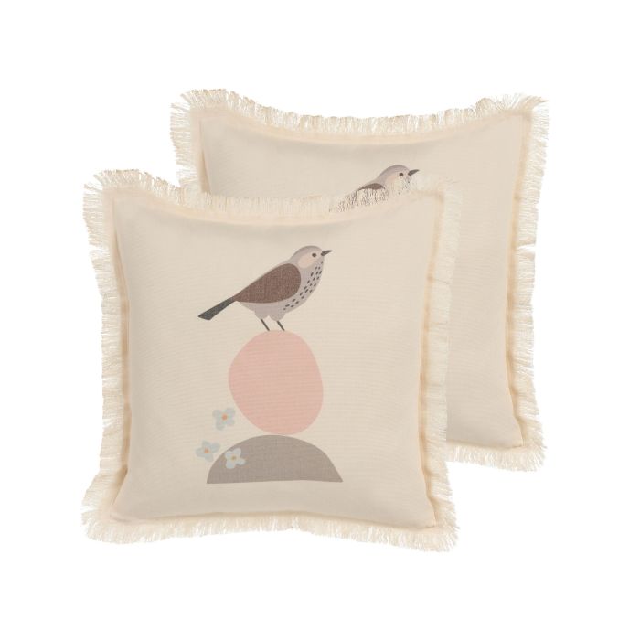 Set of 2 Fringed Cushions Bird Motif 60x60cm Beige