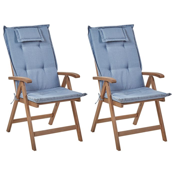 Set of 2 Acacia Wood Garden Folding Chairs Dark Wood with Blue Cushions AMANTEA