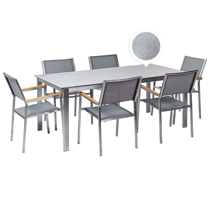 6 Seater Garden Dining Set Grey Glass Top with Grey Chairs COSOLETO/GROSSETO