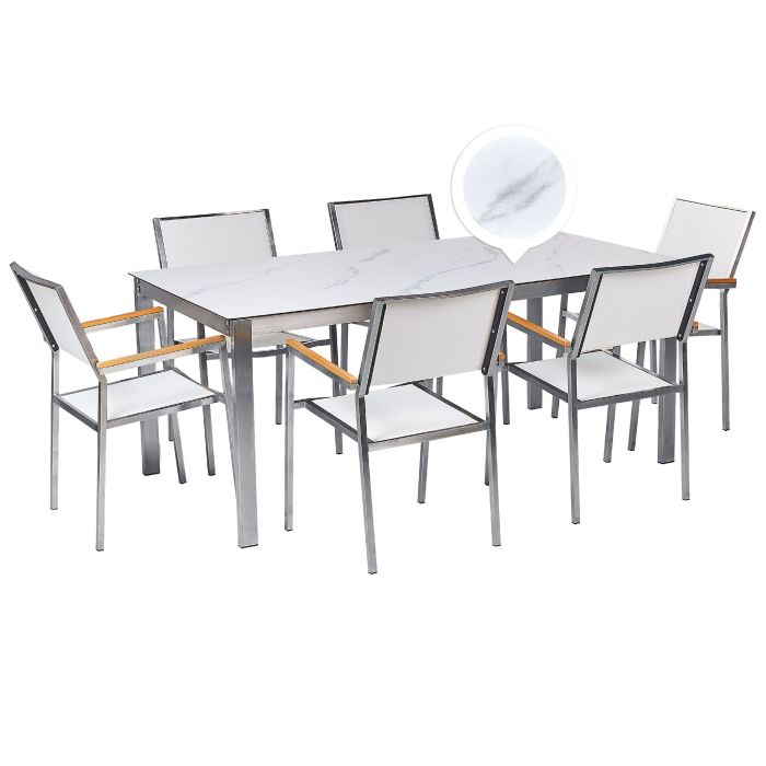 6 Seater Garden Dining Set Marble Effect Glass Top with White Chairs COSOLETO/GROSSETO
