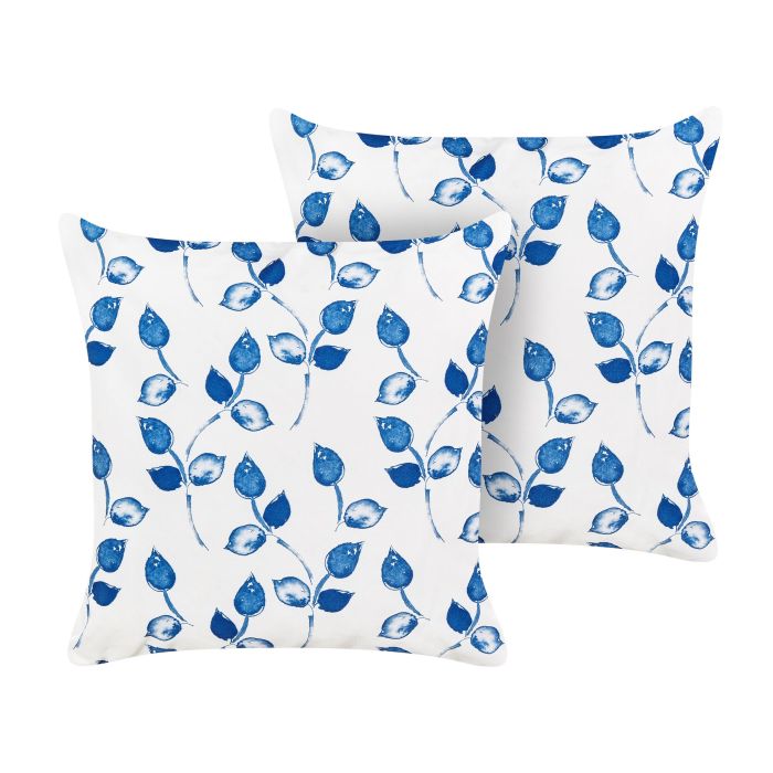 Set of 2 Outdoor Cushions Leaf Motif 45 x 45 cm White and Blue TORBORA