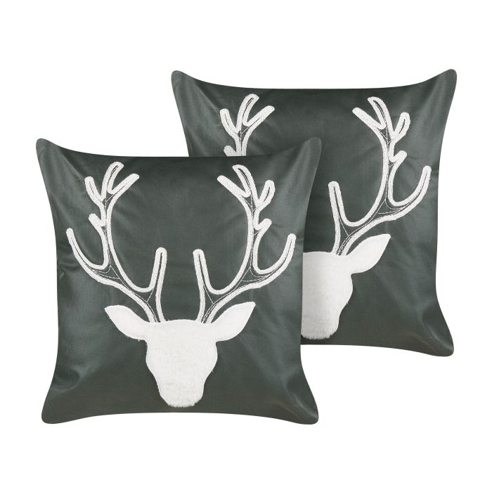 Set of 2 Velvet Cushions Reindeer Motif 45x45cm Green