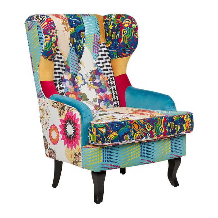 Fabric Wingback Chair Patchwork Blue MOLDE