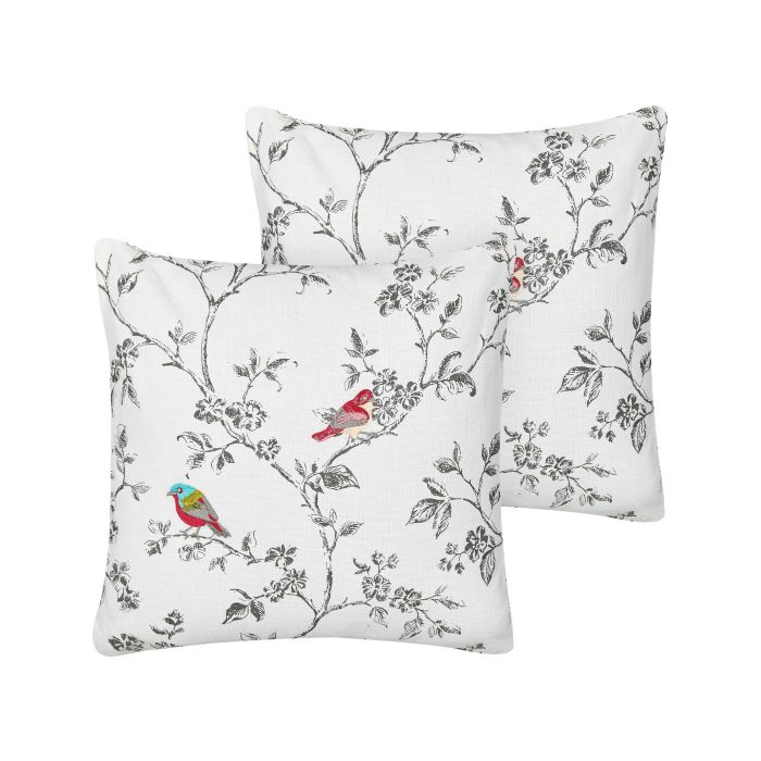 Set of 2 Cotton Cushions Embroidered Birds 45x45cm White