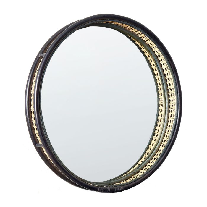 Round Rattan Wall Mirror 60cm Black