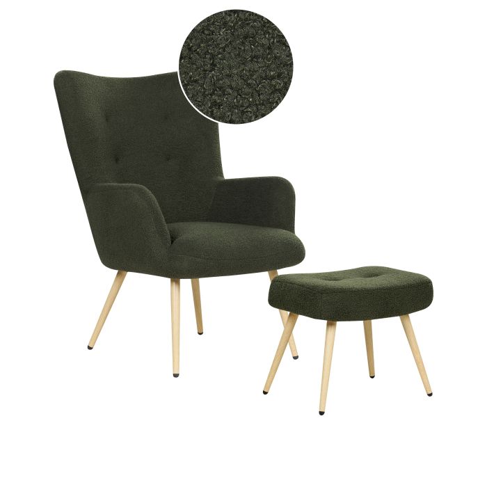 Boucle Wingback Chair with Footstool Dark Green VEJLE II