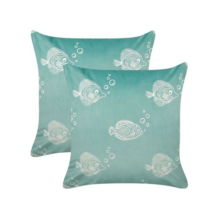 Set of 2 Velvet Cushions Fish Pattern 45x45cm Green