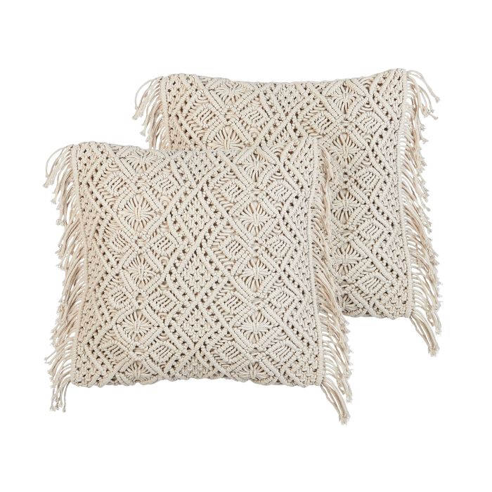 Set of 2 Cotton Macrame Cushions with Tassels 45x45cm Beige